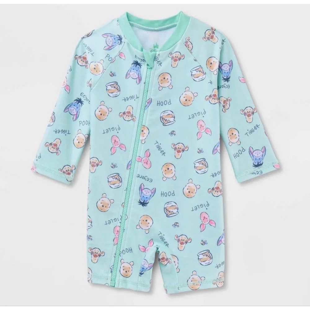 Disney Winnie the Pooh Full Zip Long Sleeve Rash Guard Unisuit Green Size 6 Mos